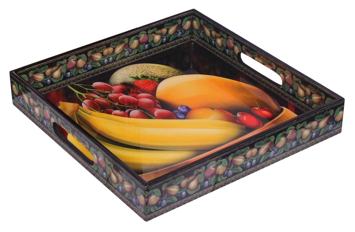 Buy in Bulk Wholesale 10” Hand-Crafted Serving Tray in MDF - Multicolored - Decorative Tray with Fruits Pattern - Classic Serve-Ware/Decor from India